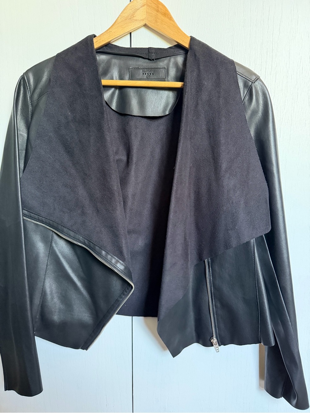 Blank NYC Black Draped Faux Leather Jacket
